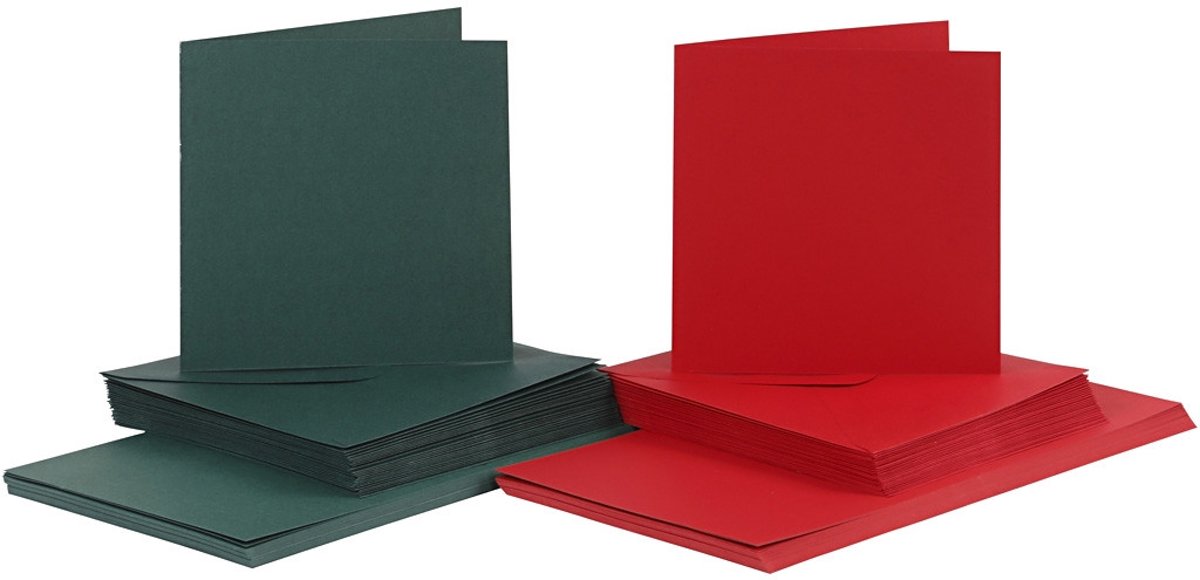 Kaarten en enveloppen, afmeting kaart 15x15 cm, afmeting envelop 16x16 cm, groen, rood, 50sets [HOB-23116]